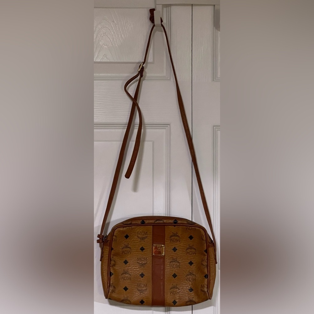 MCM Visetos Canvas Crossbody Bag in Cognac Brown With Gold Tone Hardware
